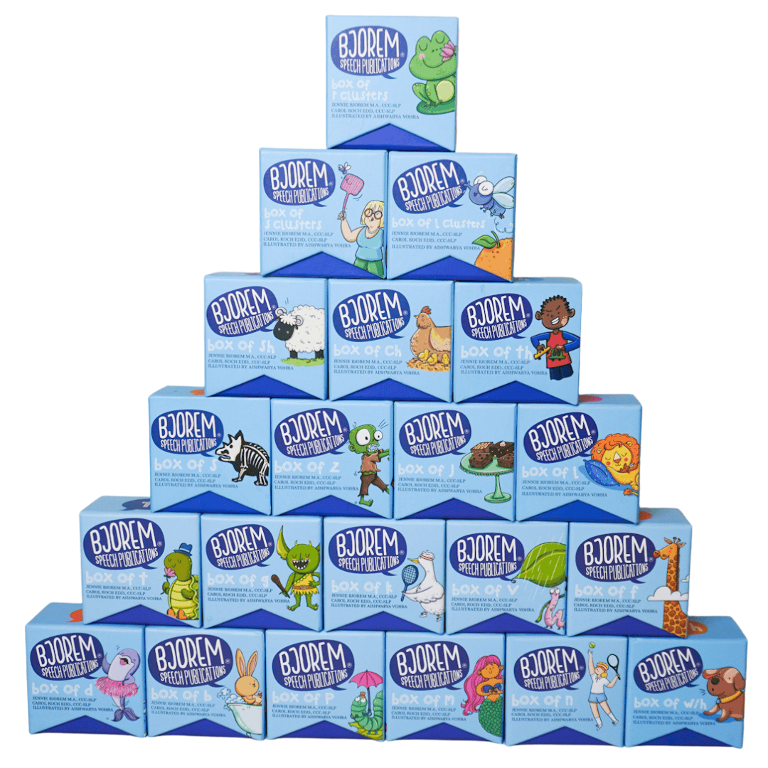 Pyramid of blue boxes with cartoon characters.