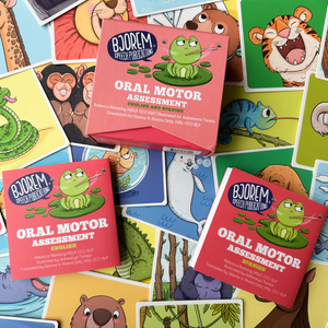 Oral Motor Assessment cards with frog illustration, by Bjorem