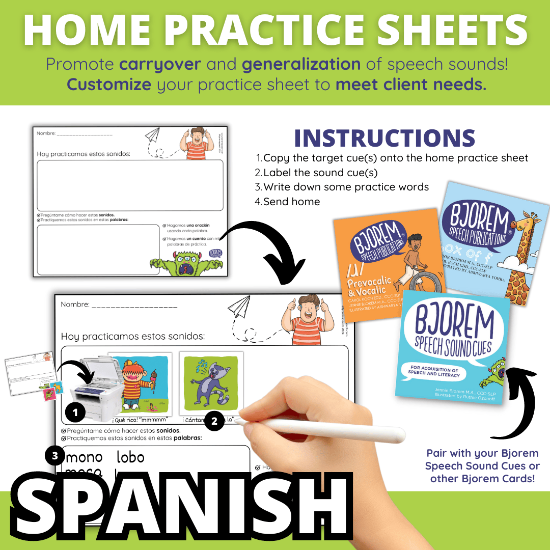 Home practice sheets for speech sound generalization (Spanish)