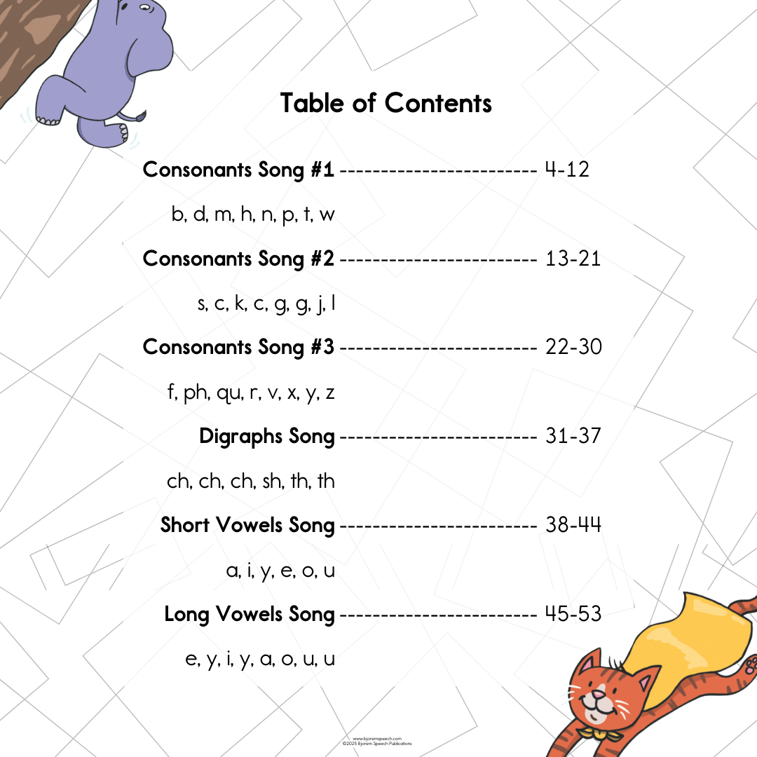 Table of Contents for Consonant & Vowel Songs