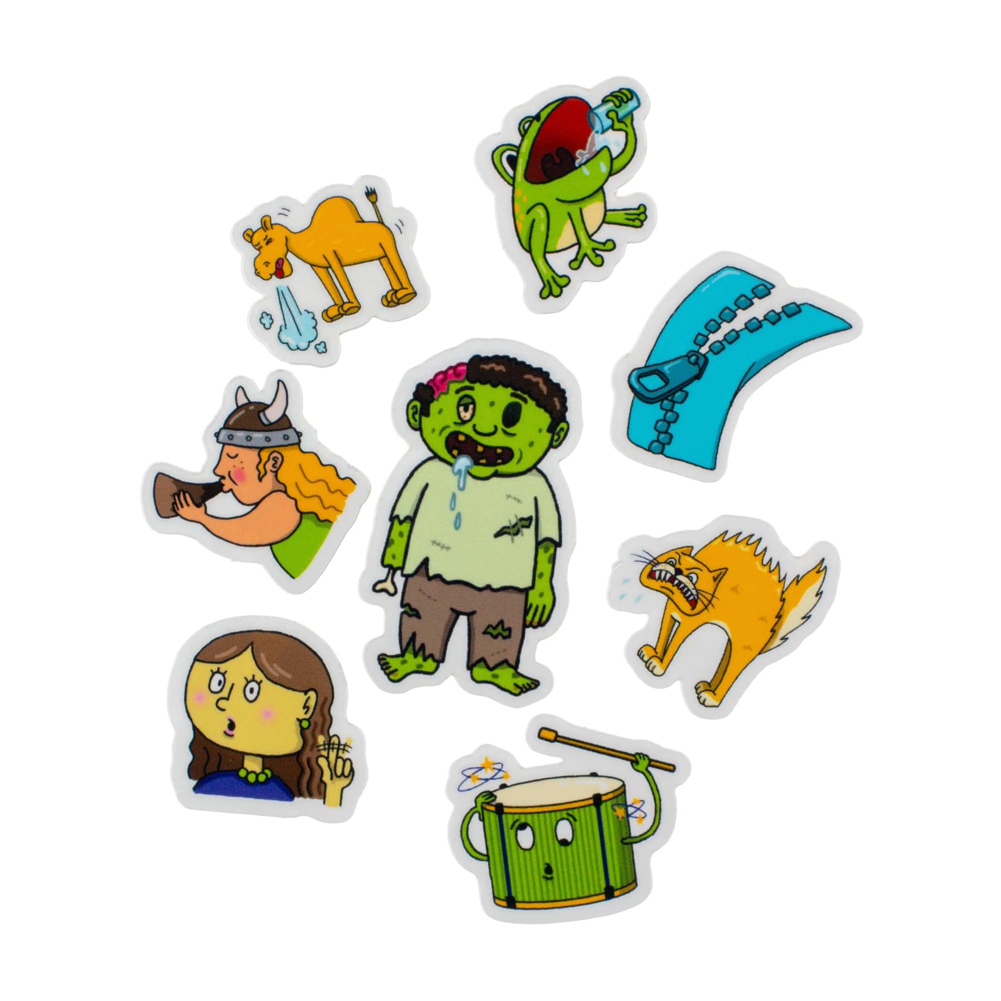 Colorful cartoon stickers of various characters