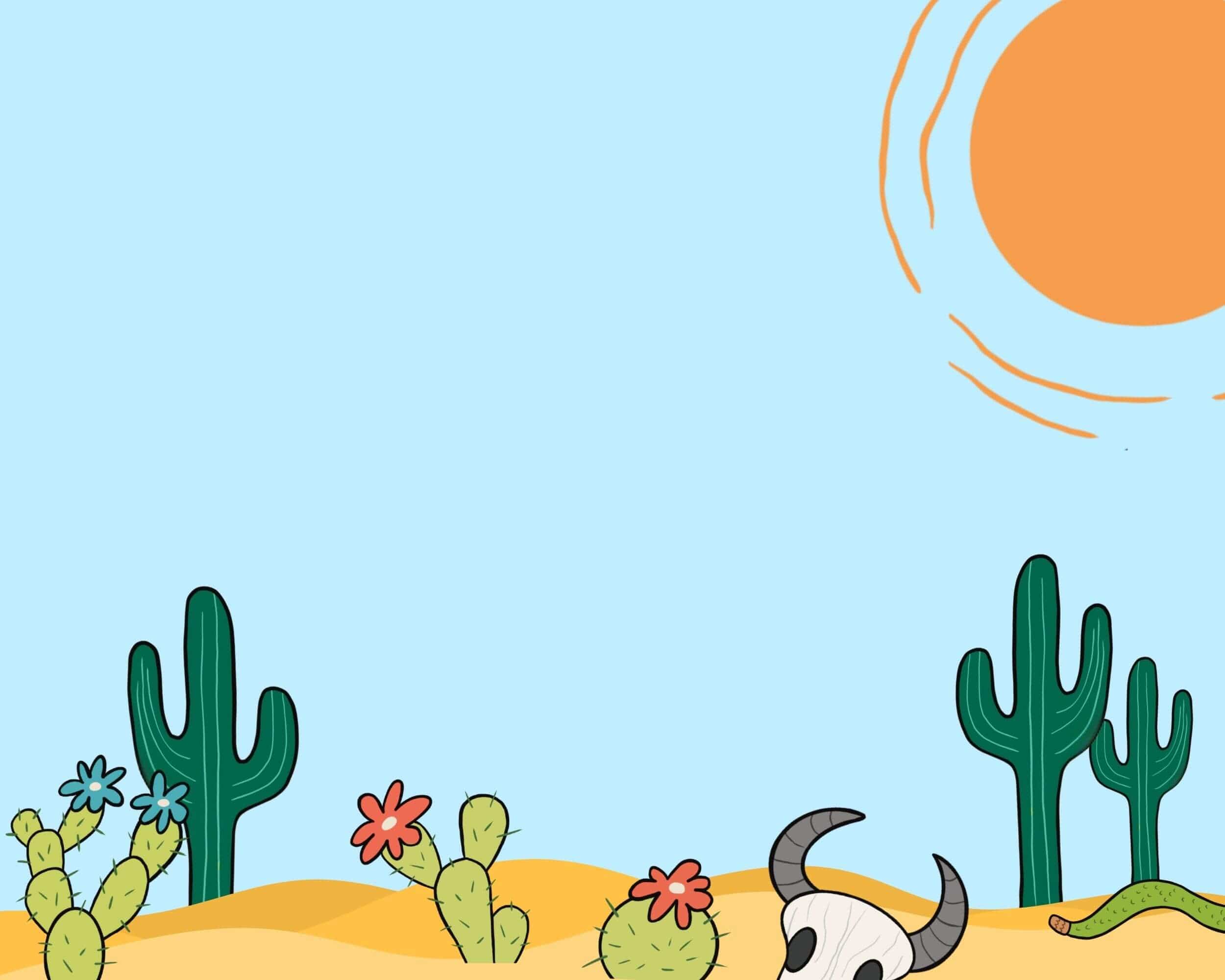 Desert scene illustration with cacti, skull, and sun.