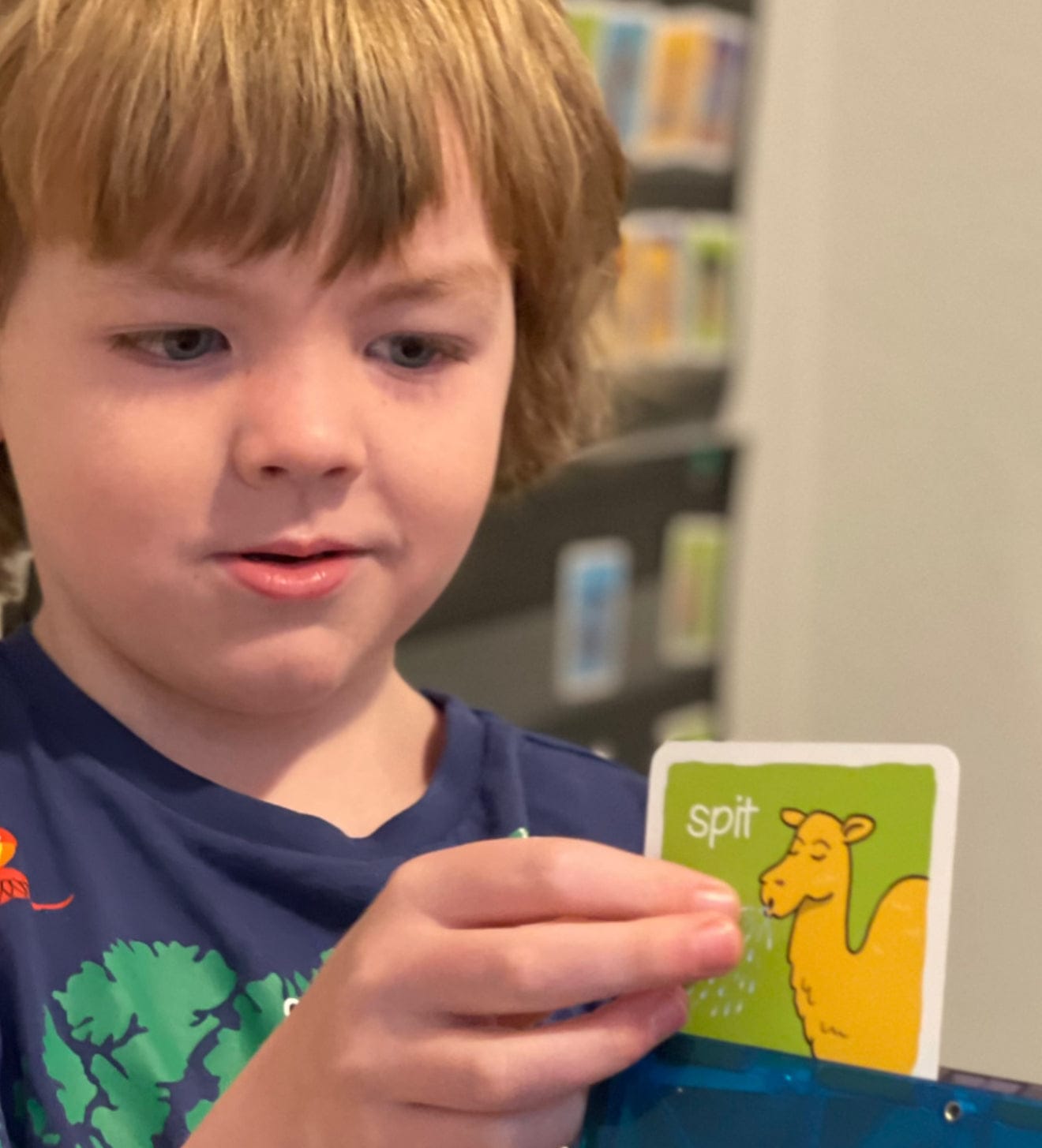 Boy looking at spit camel card