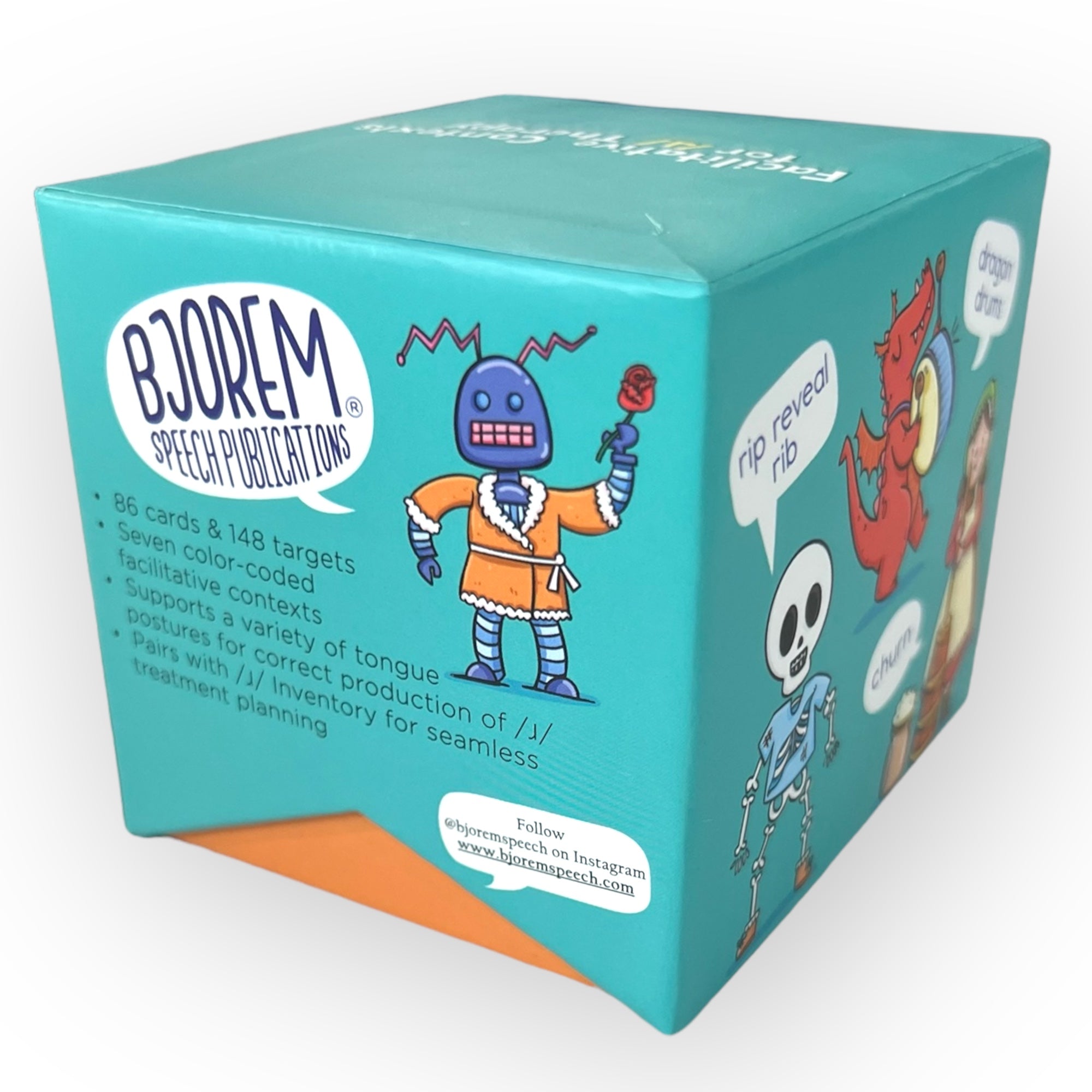 BJOREM Speech Publications box for speech therapy with illustrations.