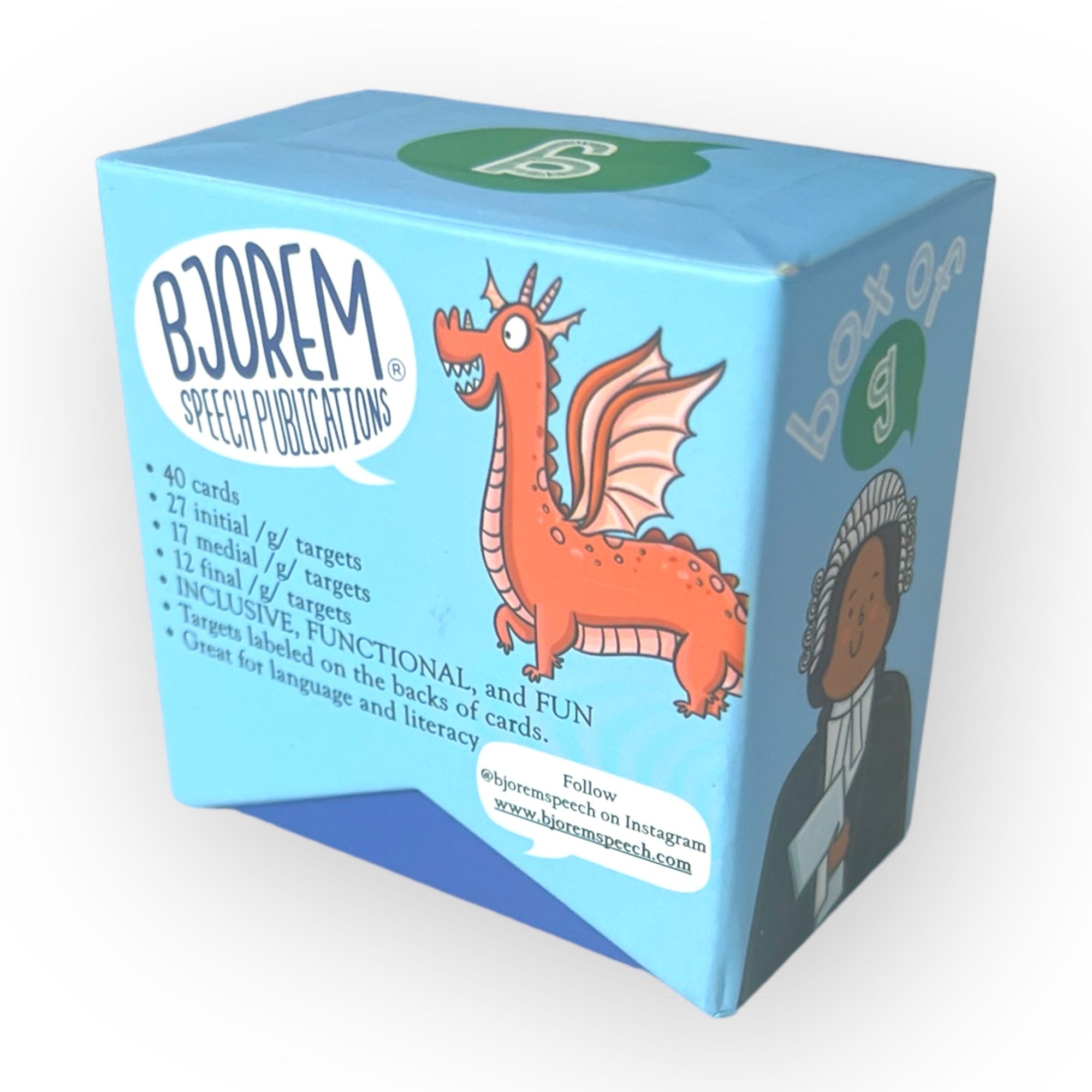 Bjorem Speech Publications Box on g game box with dragon illustration.