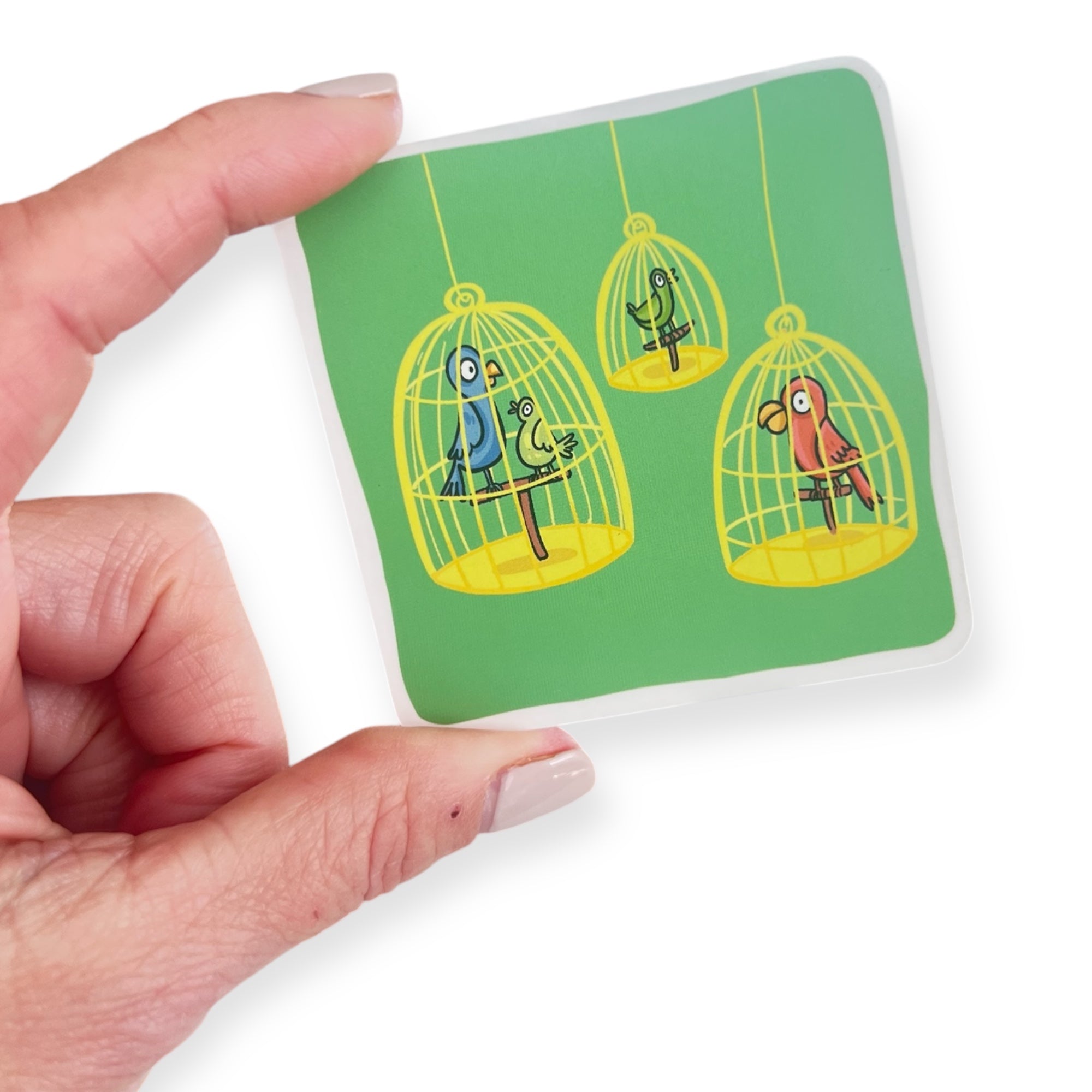 Hand holding sticker with three cartoon birds in cages.