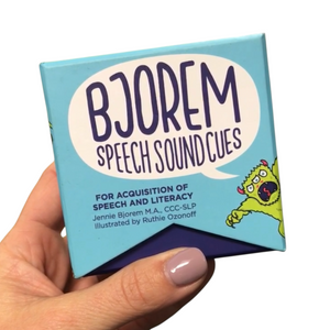 Bjorem Speech Sound Cues game box held in hand, by Jennie Bjorem, illustrated...