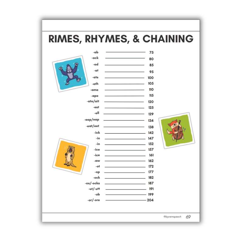 Screenshot of rhyming and chaining worksheet with animal illustrations.