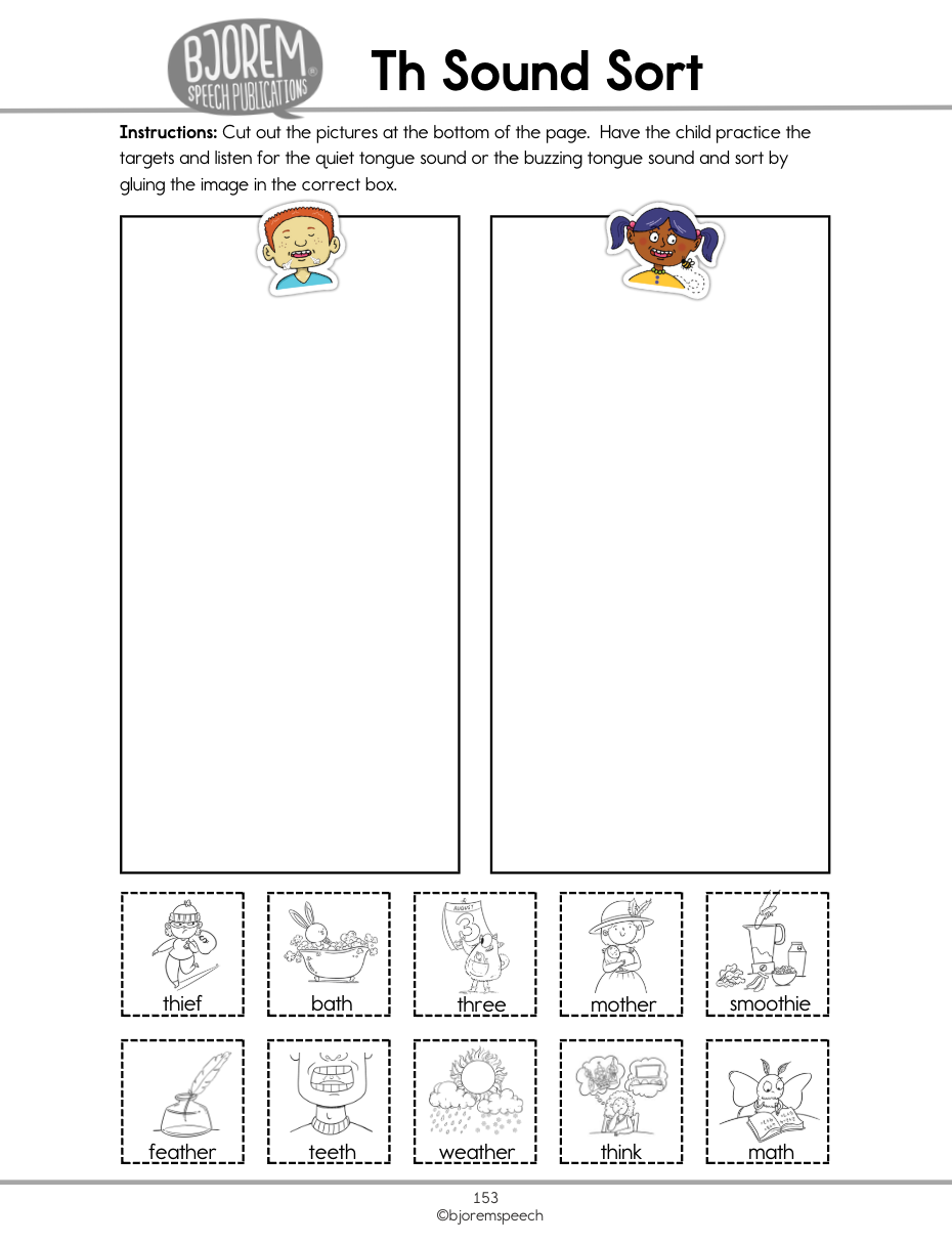 Th Sound Sort worksheet screenshot, sorting th sounds.