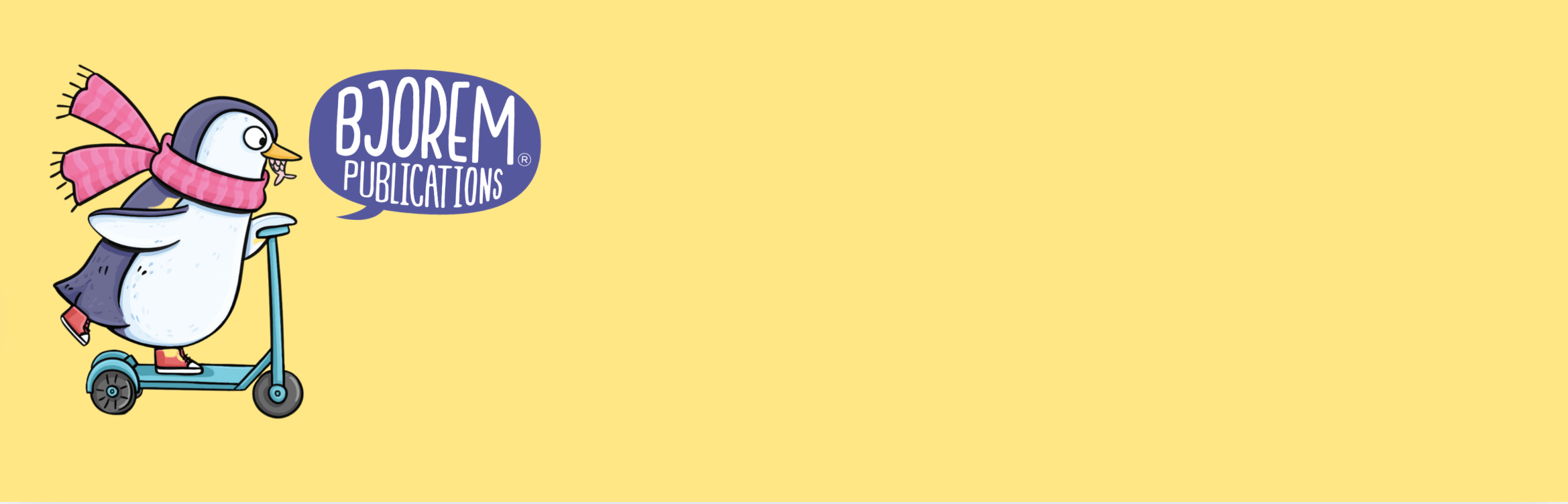 Bjorem Publications penguin on scooter, screenshot August 5, 2025.