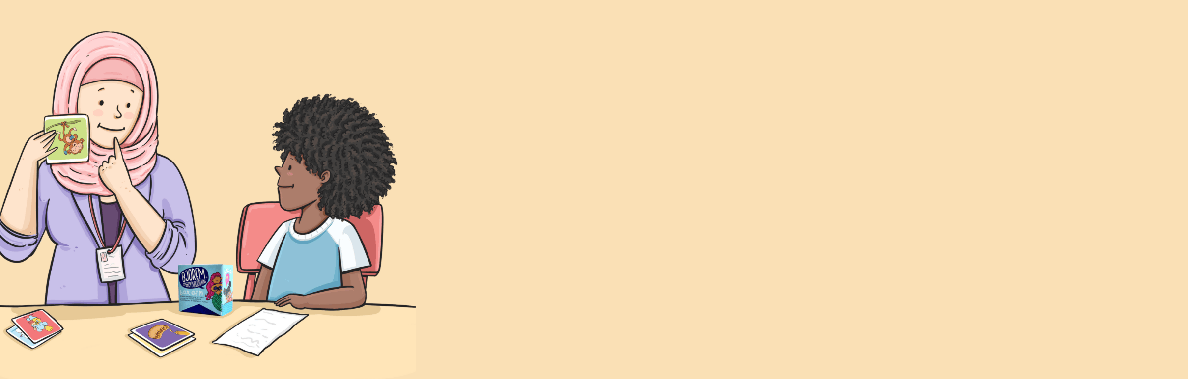 Teacher showing a card to a student, screenshot from August 5, 2025.