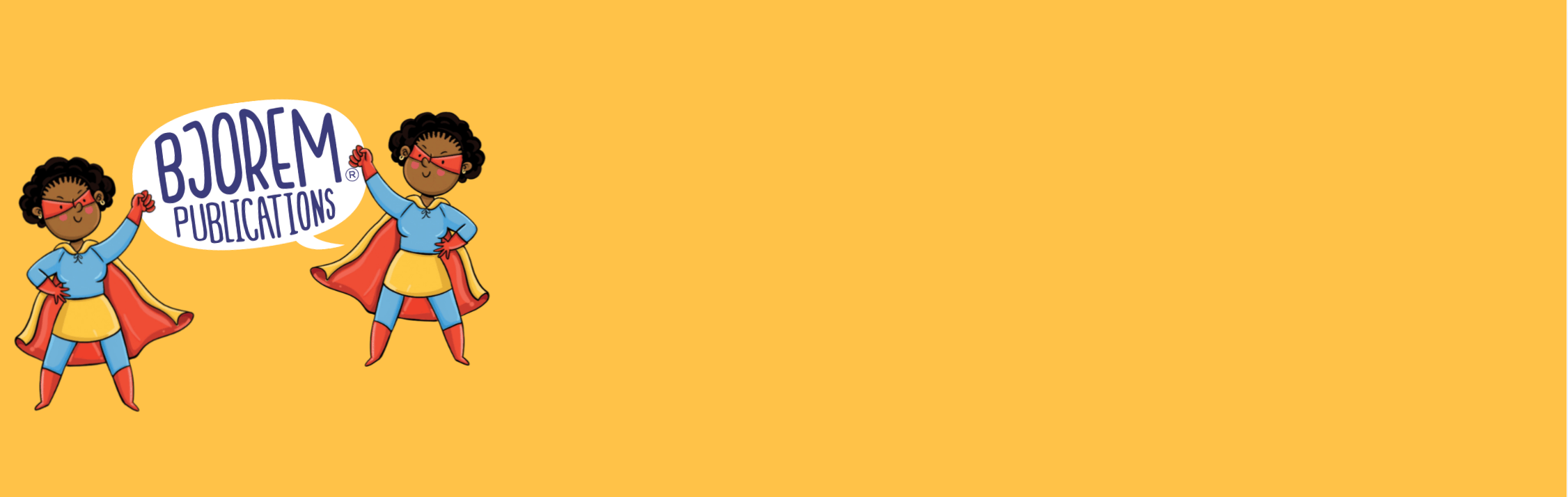 Screenshot of Bjorem Publications logo with superhero illustrations.