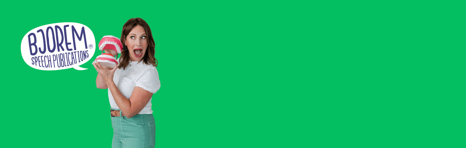 Screenshot of Bjorem Speech Publications with a woman holding model teeth.