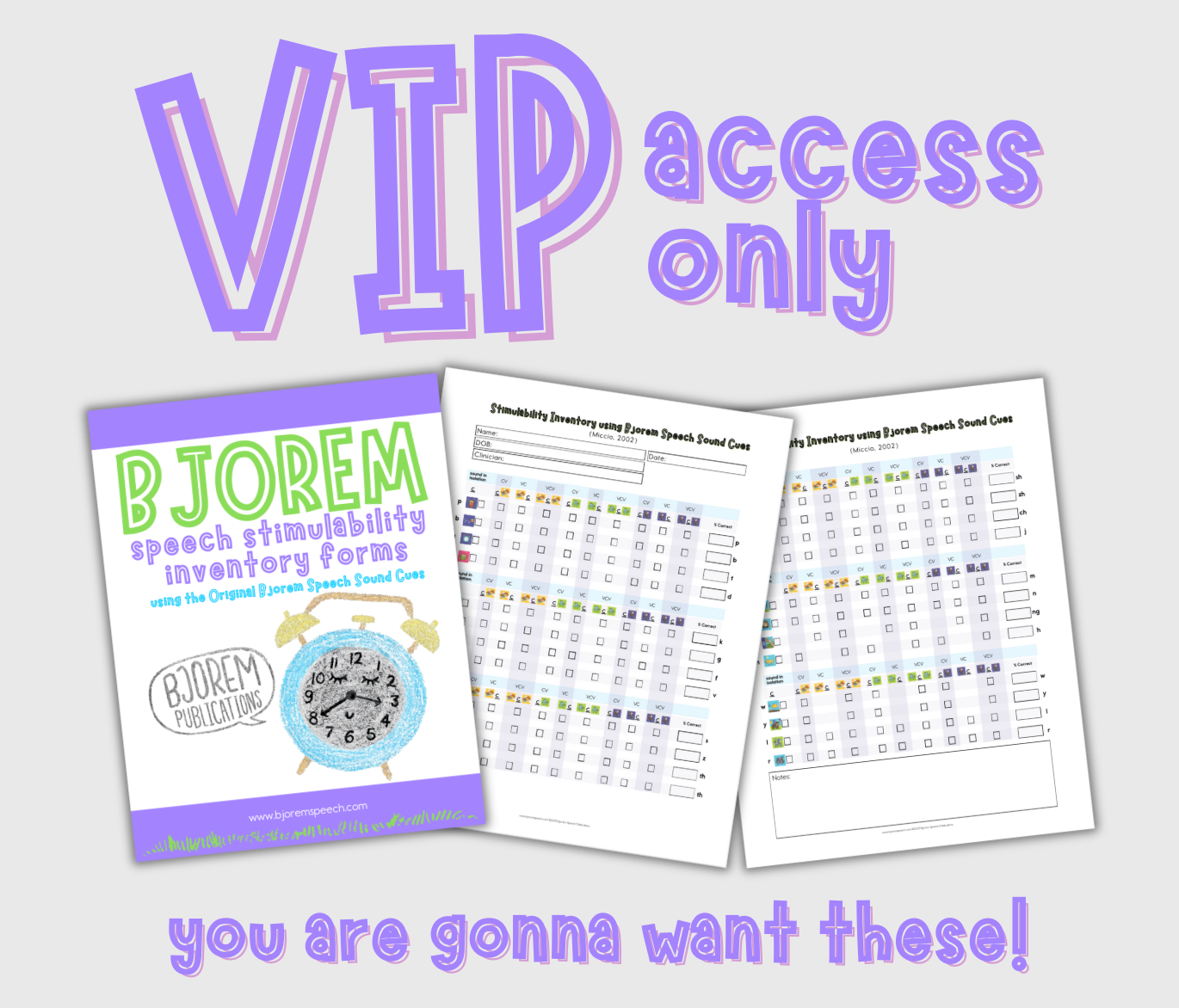 VIP access BJOREM speech stimulability inventory forms screenshot.