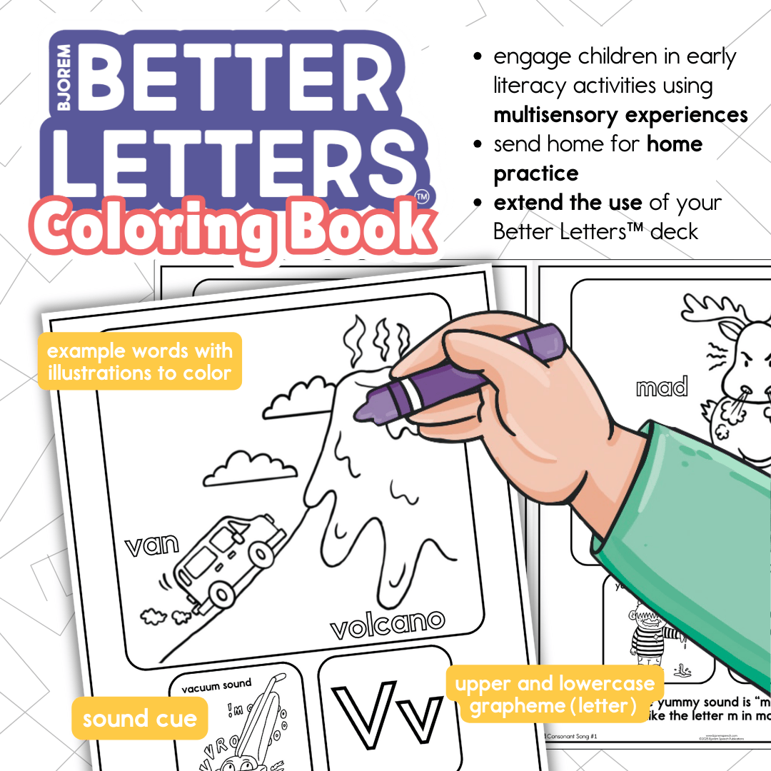 Better Letters Coloring Book features including sound cues and example words to color