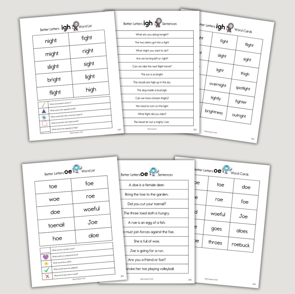 Sample IGH and OE word lists and fluency sentences from the Better Letters book