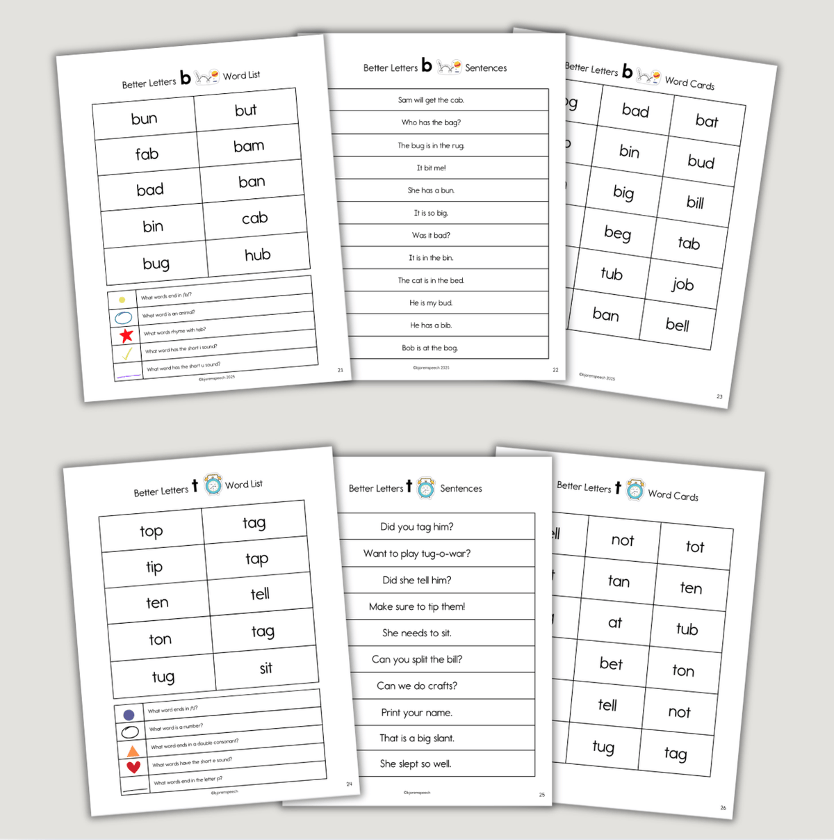 Sample word list and fluency sentence pages from the Better Letters book