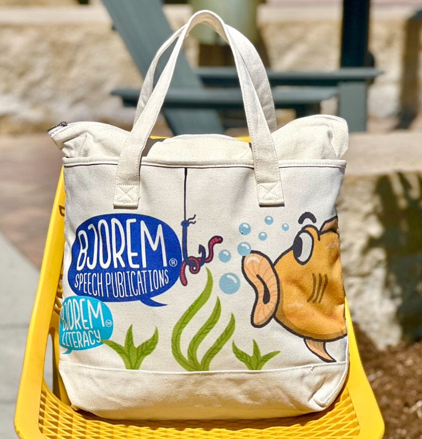 Bjorem Speech canvas tote bag with the fish sound cue