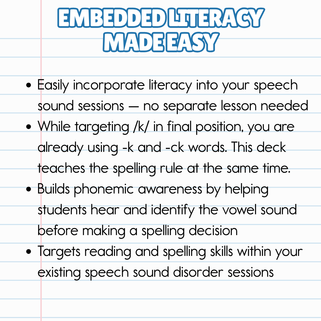 '-k/-ck Spelling Pattern Word Sort ck Spelling Pattern Word Sort for Dyslexia Intervention Best Speech Language Therapy Tools