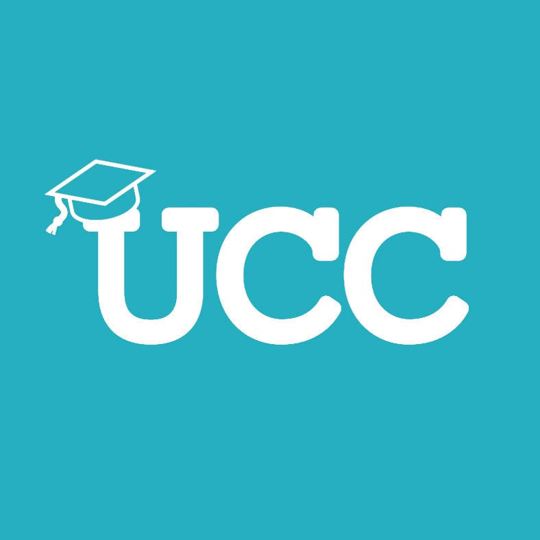 White 'UCC' text with a graduation cap on a teal background