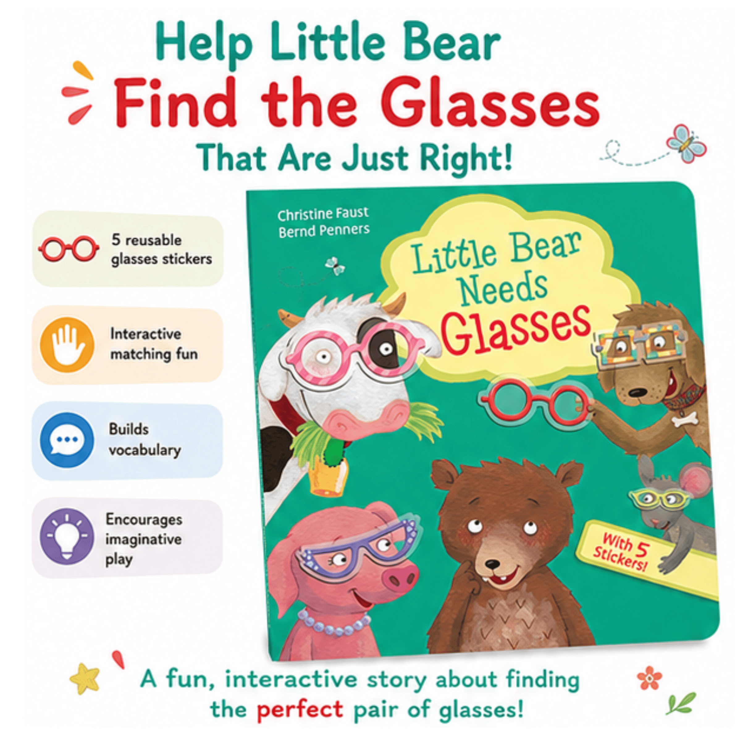Little Bear Needs Glasses Board Book with Reusable Stickers Little Bear Needs Glasses Board Book with Reusable Stickers Best Speech Language Therapy Tools