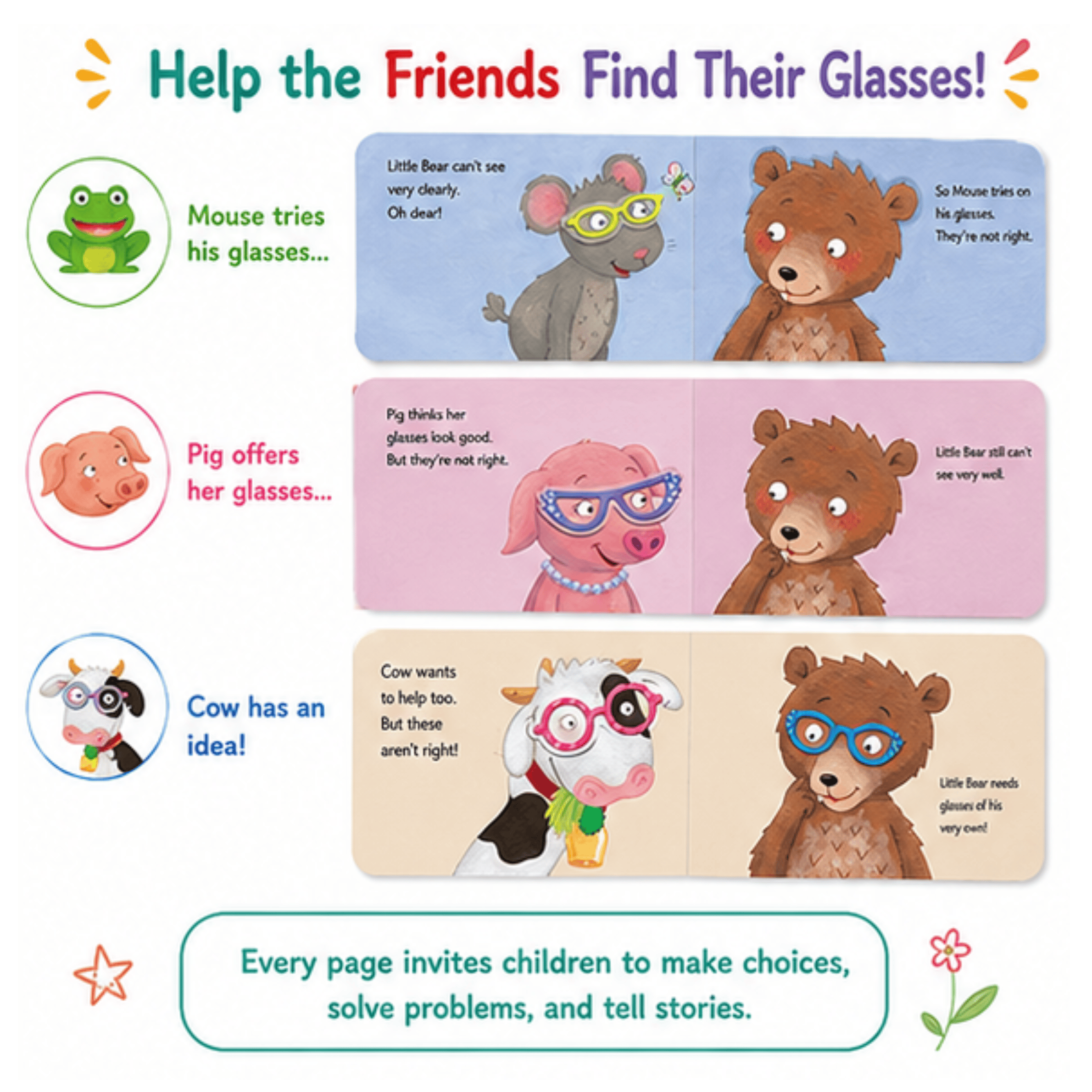 Little Bear Needs Glasses Board Book with Reusable Stickers Little Bear Needs Glasses Board Book with Reusable Stickers Best Speech Language Therapy Tools