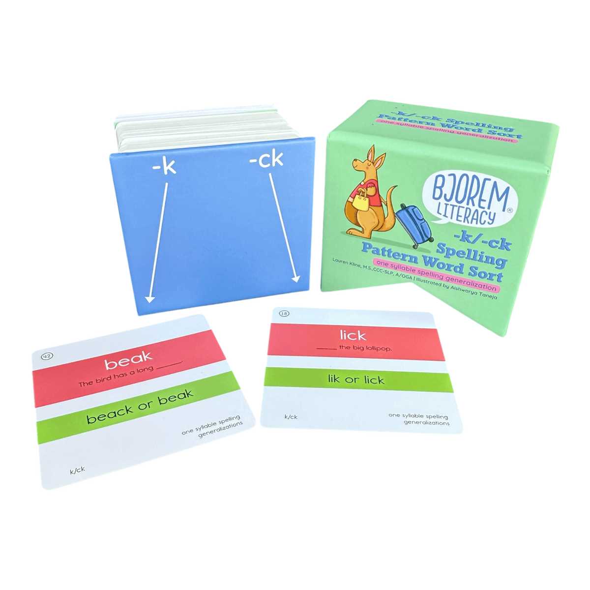 K and CK word sort box with the backs of the cards