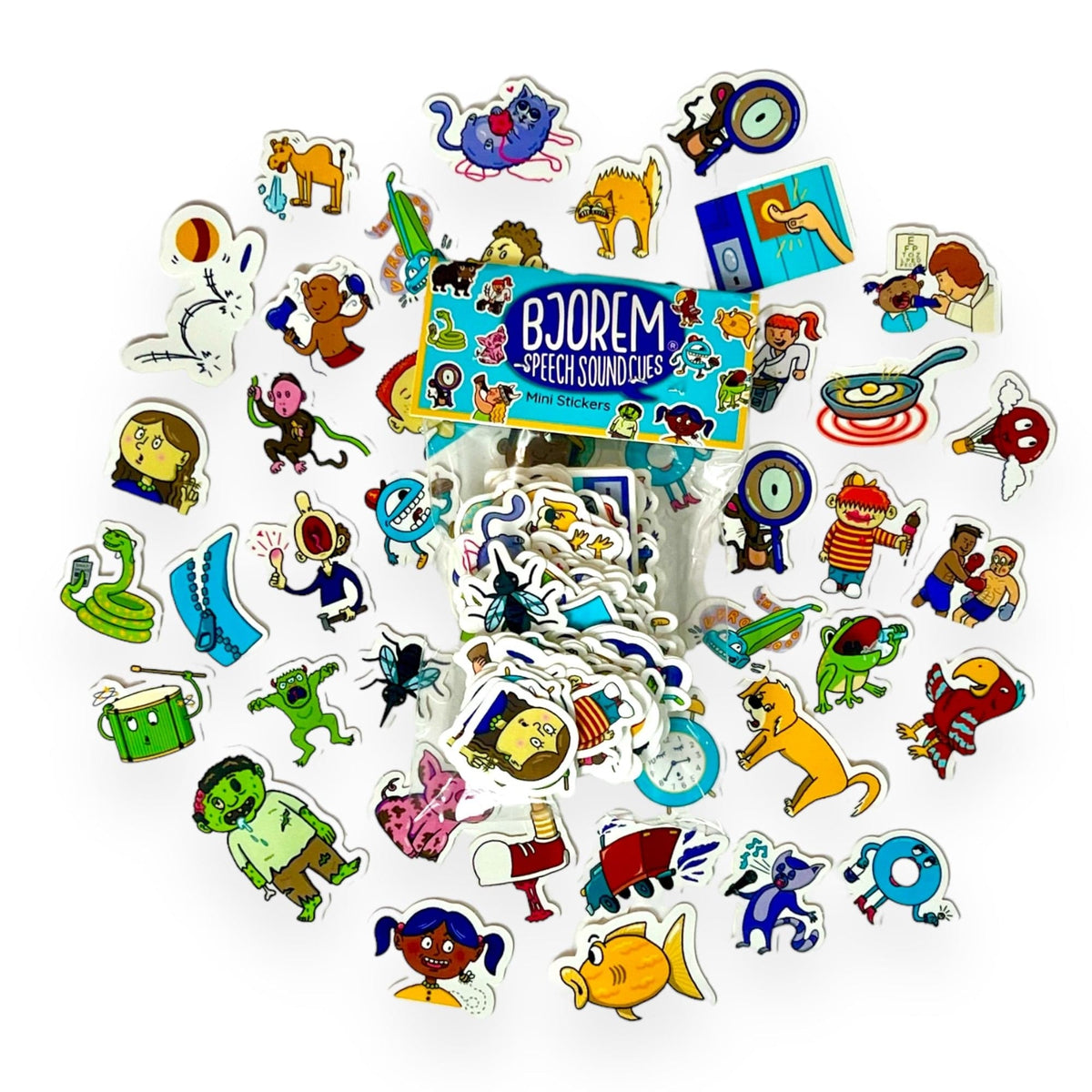 All of the Bjorem Speech Sound Cues mini vinyl stickers spread out