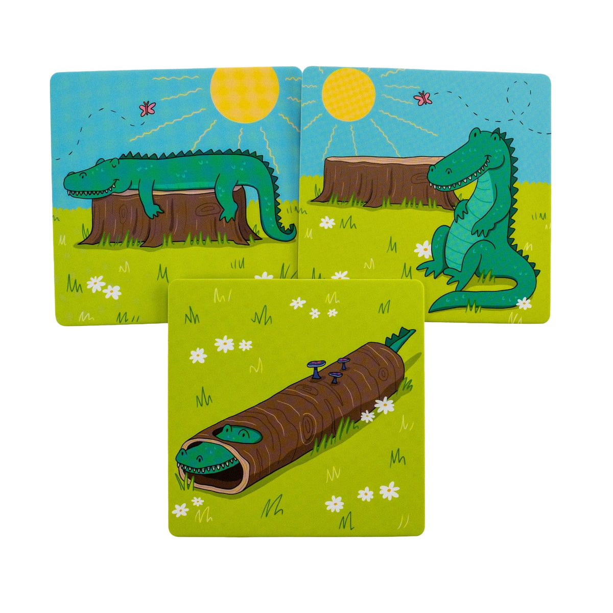 Spatial Concepts cards with an alligator and a log
