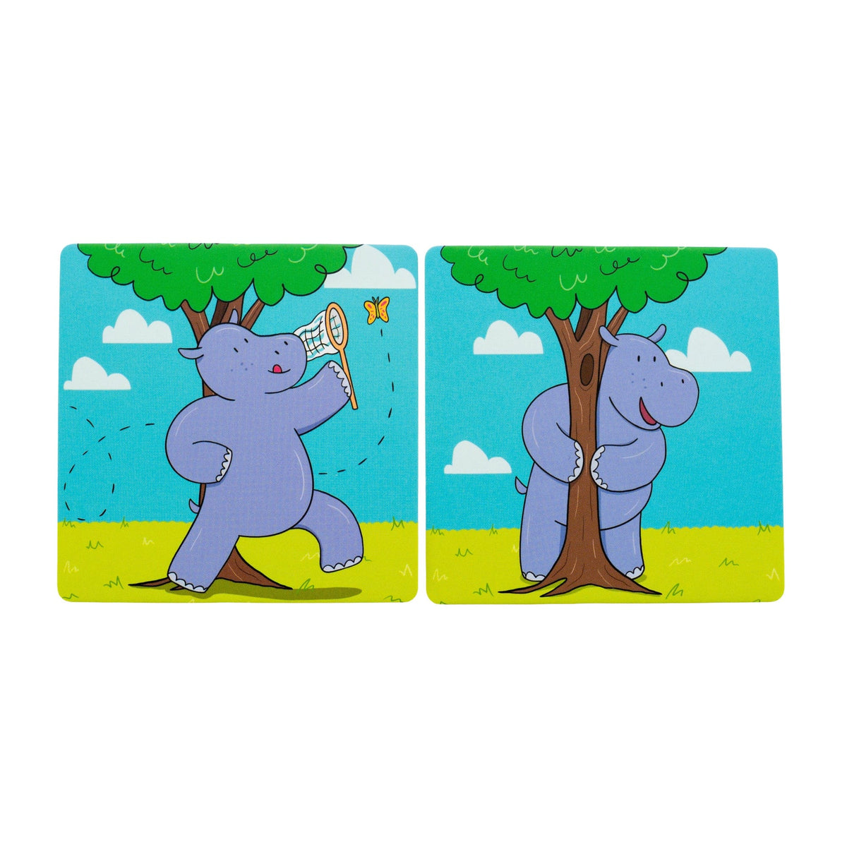 Spatial Concepts cards of a rhino beside and behind a tree