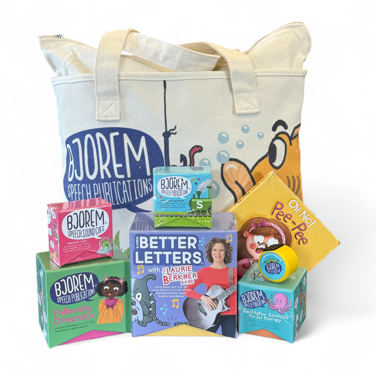 BJOREM Speech Publications tote bag and games