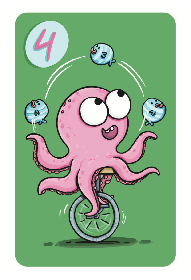 Cartoon octopus on a unicycle with fish, on a green background Bjorem Power Off Play Go Fish Game