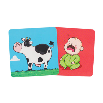 What Sound picture cards with a cow and a crying baby