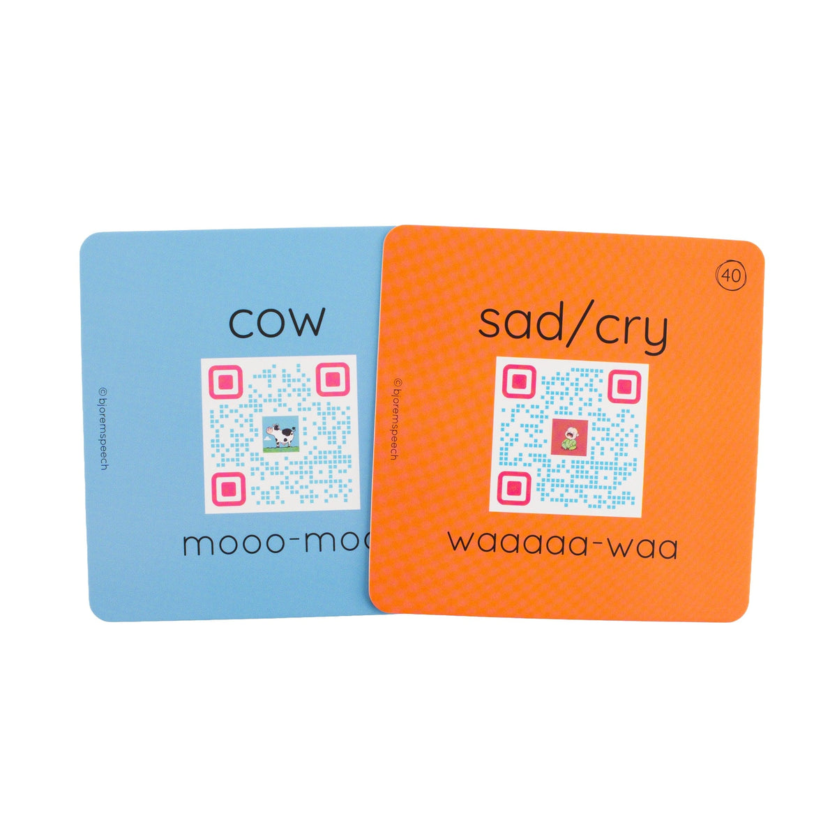 Backs of What Sound cards with QR codes for cow and sad/cry sounds
