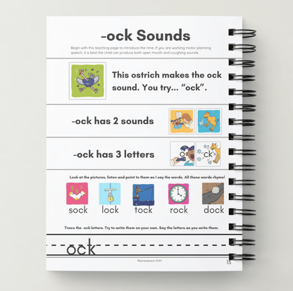 Words ending in ock target page from Apraxia Targets in a Book
