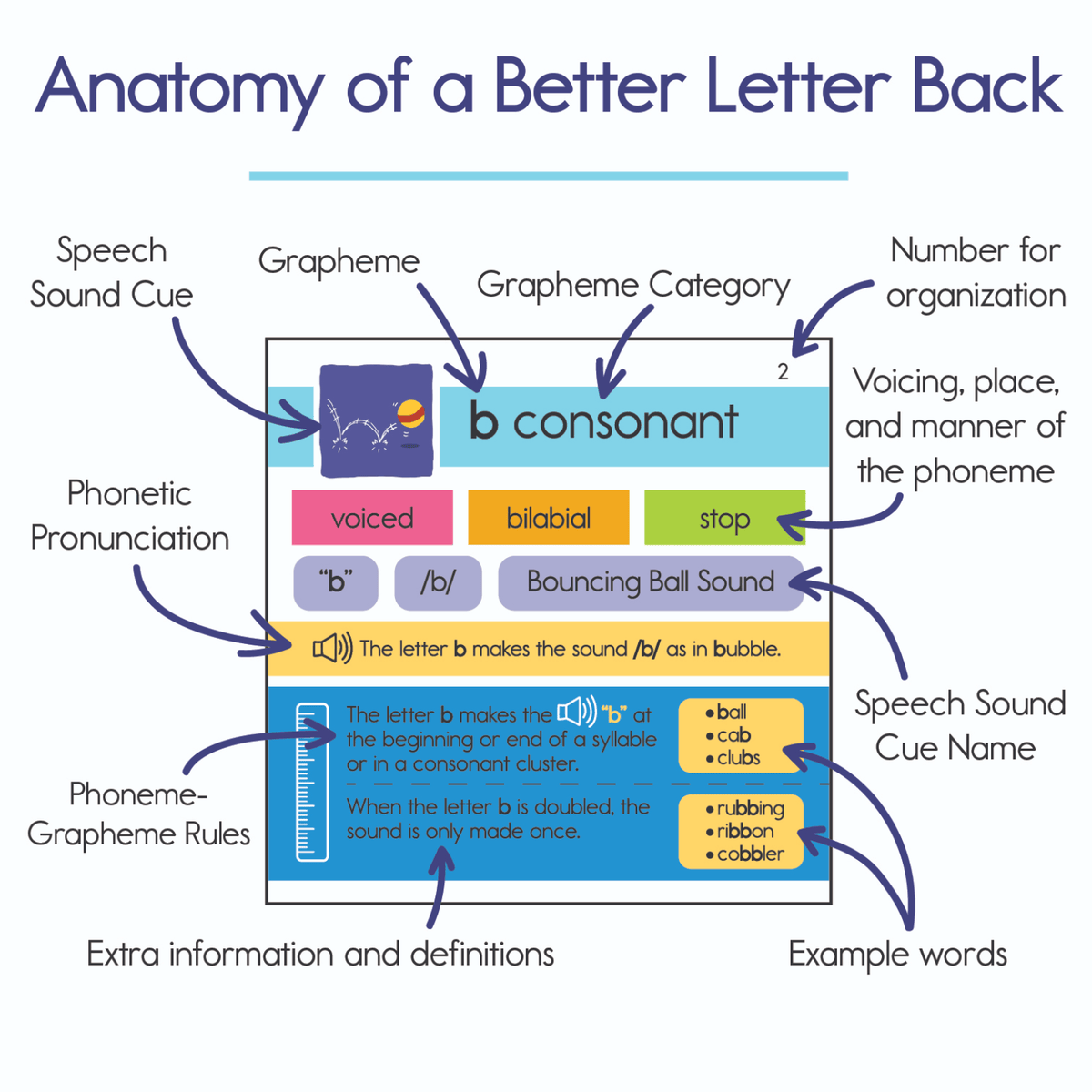 Anatomy of a Better Letter card back showing speech sound cue, grapheme category and example words