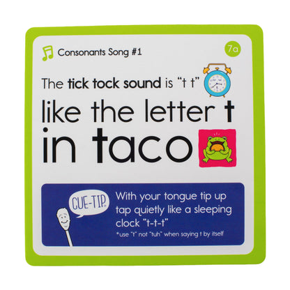 Consonants Song 1 card: the tick tock sound is like the letter T in taco