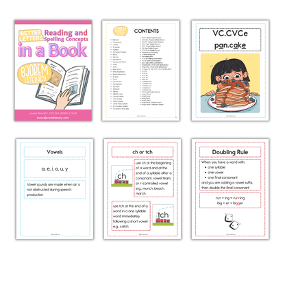 Sample pages from Better Letters Reading and Spelling Concepts including vowels and the doubling rule
