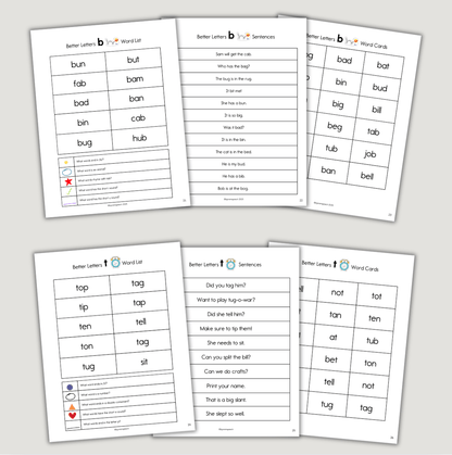 Sample word list and fluency sentence pages from the Better Letters book