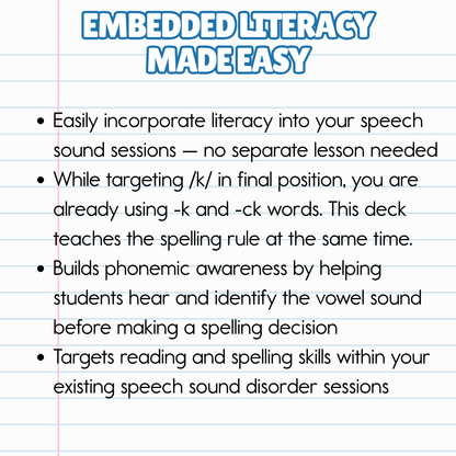 '-k/-ck Spelling Pattern Word Sort ck Spelling Pattern Word Sort for Dyslexia Intervention Best Speech Language Therapy Tools