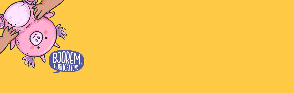 Screenshot of Bjorem Publications cartoon pig on yellow background.