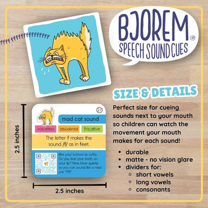 Size and details of Bjorem Speech Sound Cue cards, 2.56 by 2.56 inches