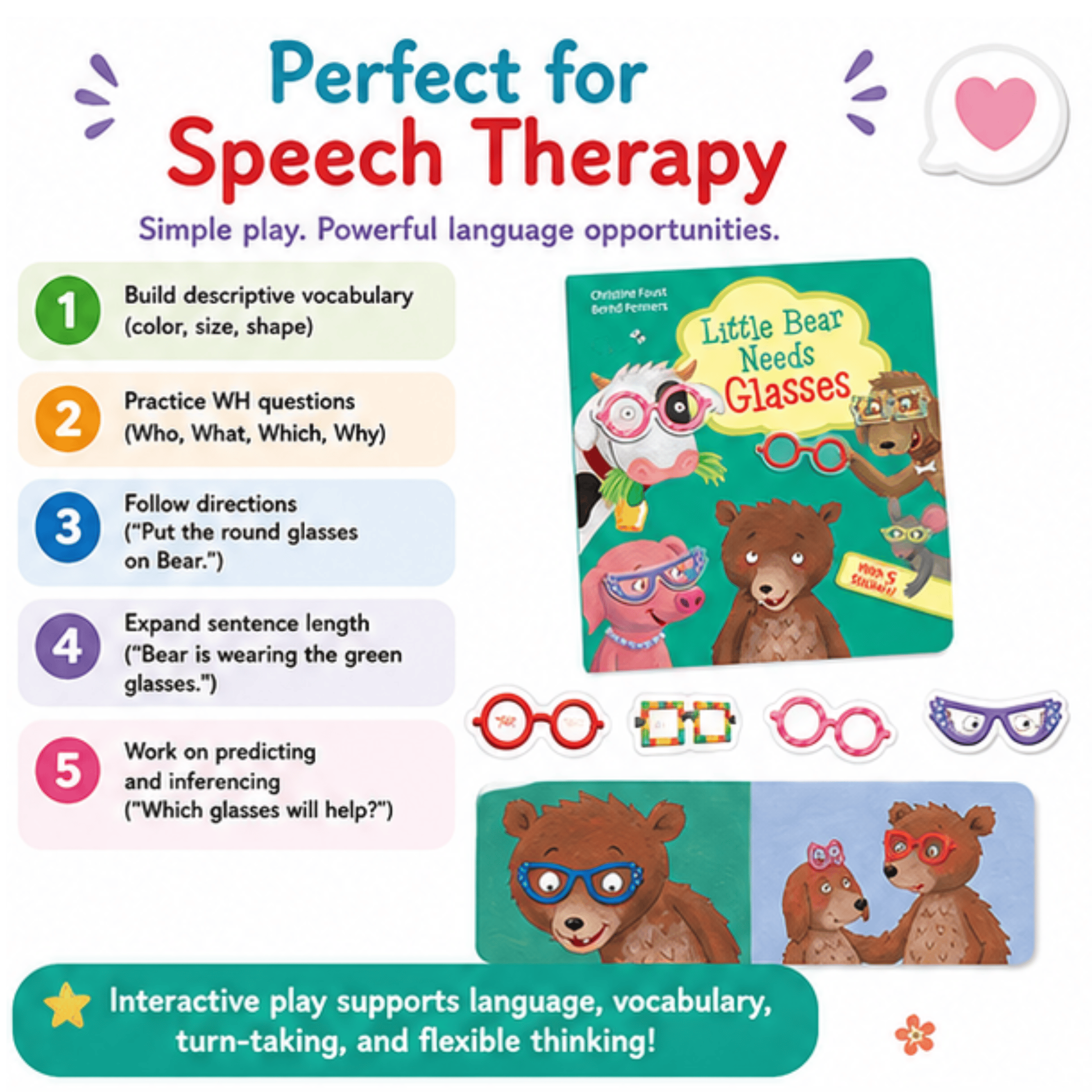 Little Bear Needs Glasses Board Book with Reusable Stickers Little Bear Needs Glasses Board Book with Reusable Stickers Best Speech Language Therapy Tools