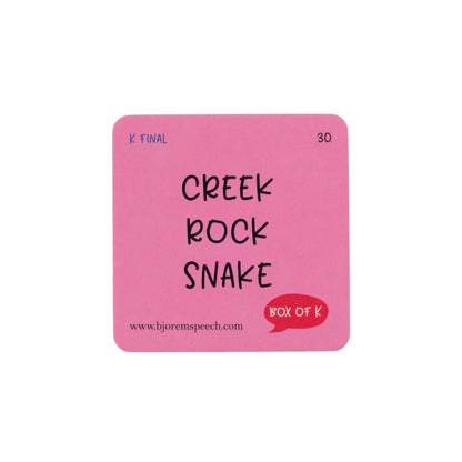 Back of the Box of K card with the words creek, rock and snake