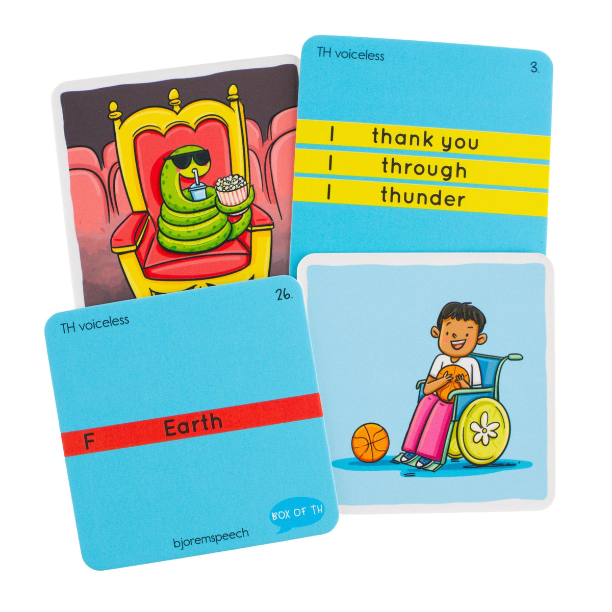 Box of TH sample cards with words like thank you, through and thunder