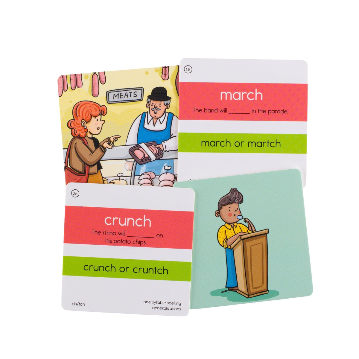 CH and TCH word sort cards for march and crunch, front and back