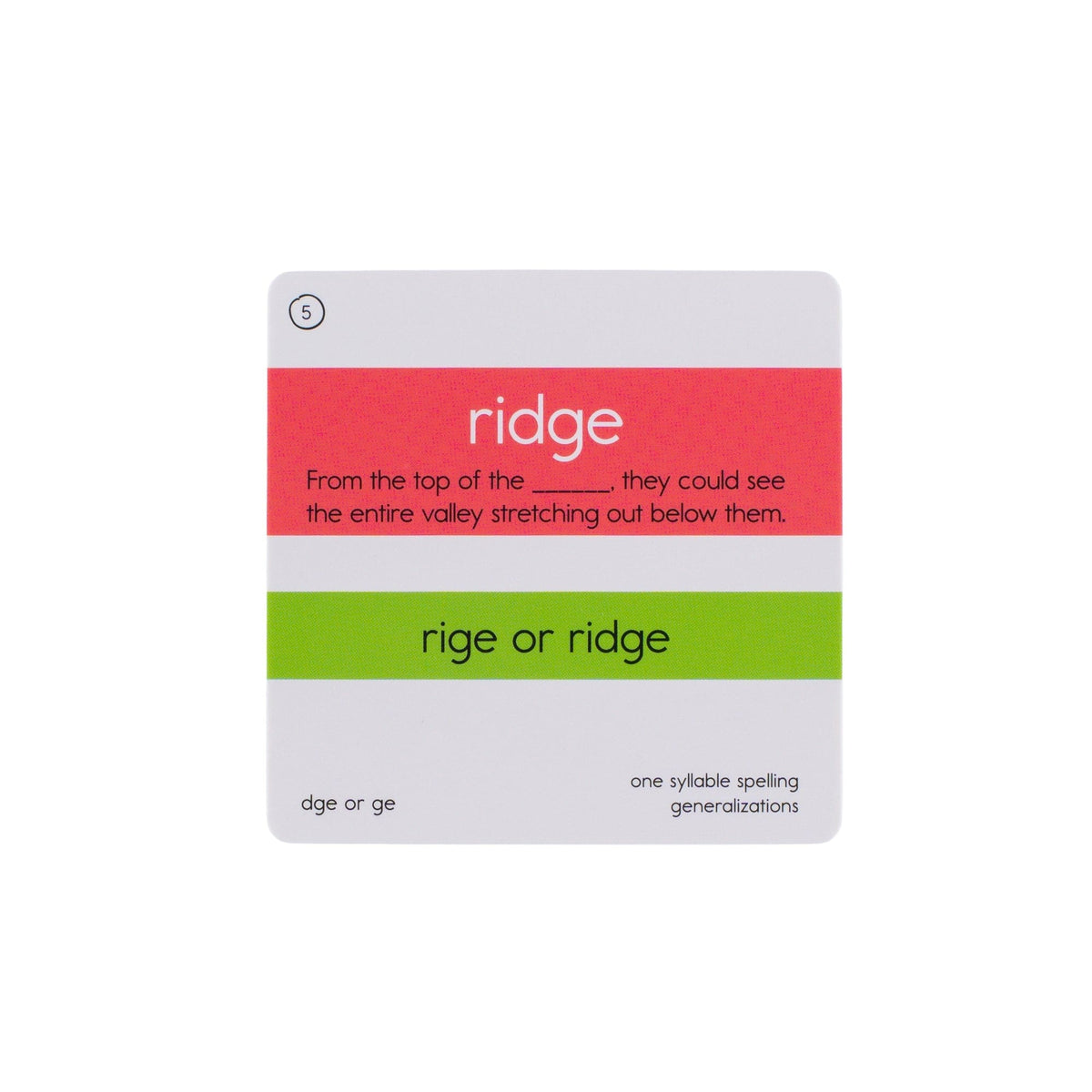 Back of the ridge card with a sentence and spelling choices