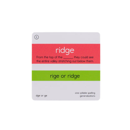 Back of the ridge card with a sentence and spelling choices