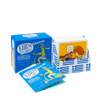 Open Greek Speech Sound Cues box with cards and instructions