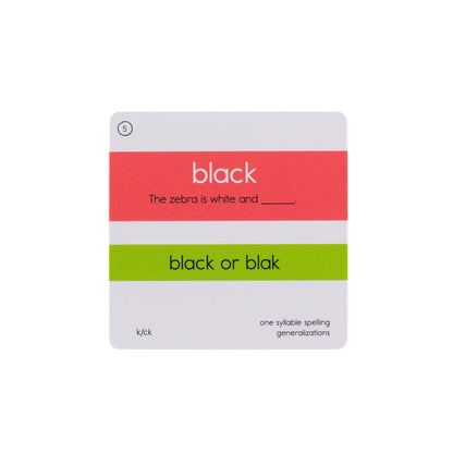 Back of the black card with a sentence and spelling choices